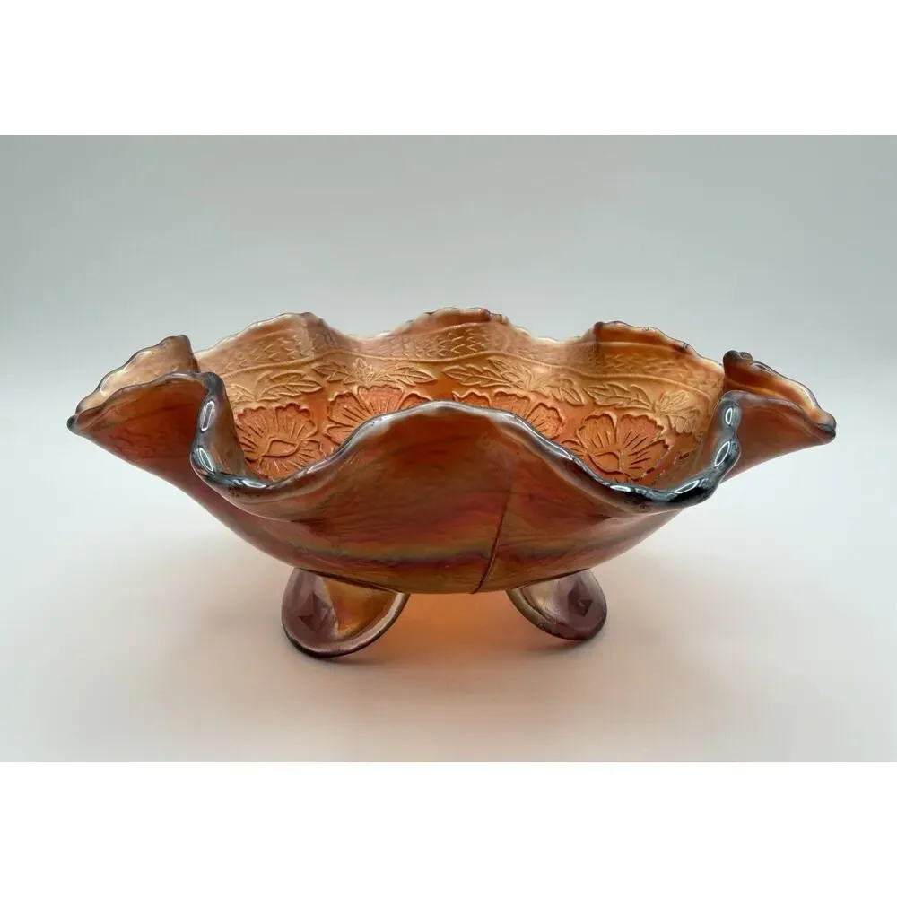 Fenton Two Flowers Carnival Glass Footed Bowl 8” Ruffled Wavy Edge Antique